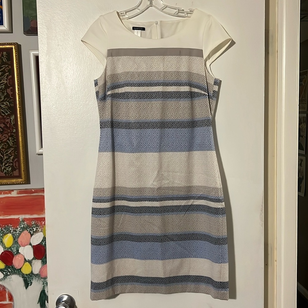 Bianca cream/tan/blues cap sleeve sheath dress fully lined hidden back zip
